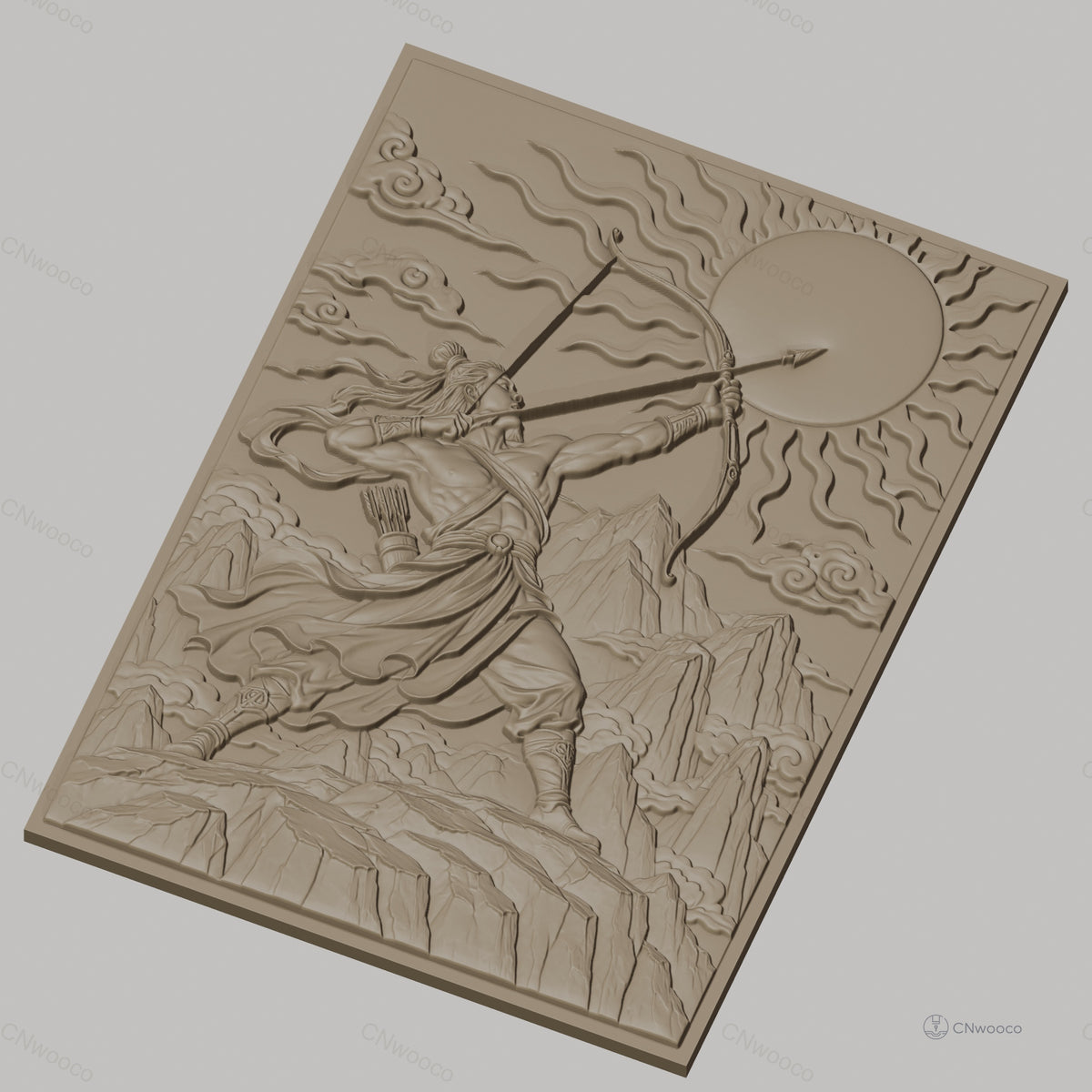 Fichier CNC & impression 3D archer mythologique, montagne, soleil, nuages, haute qualité relief STL