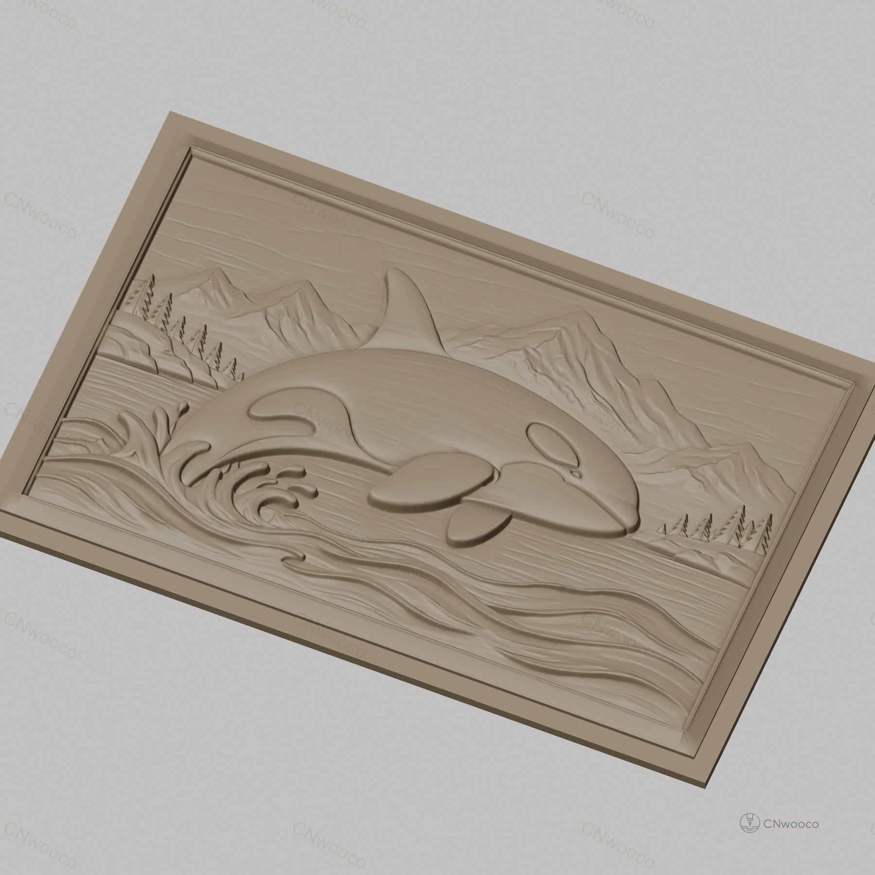 Fichier CNC & impression 3D orque sautant, vague, montagne et forêt, haute qualité relief STL