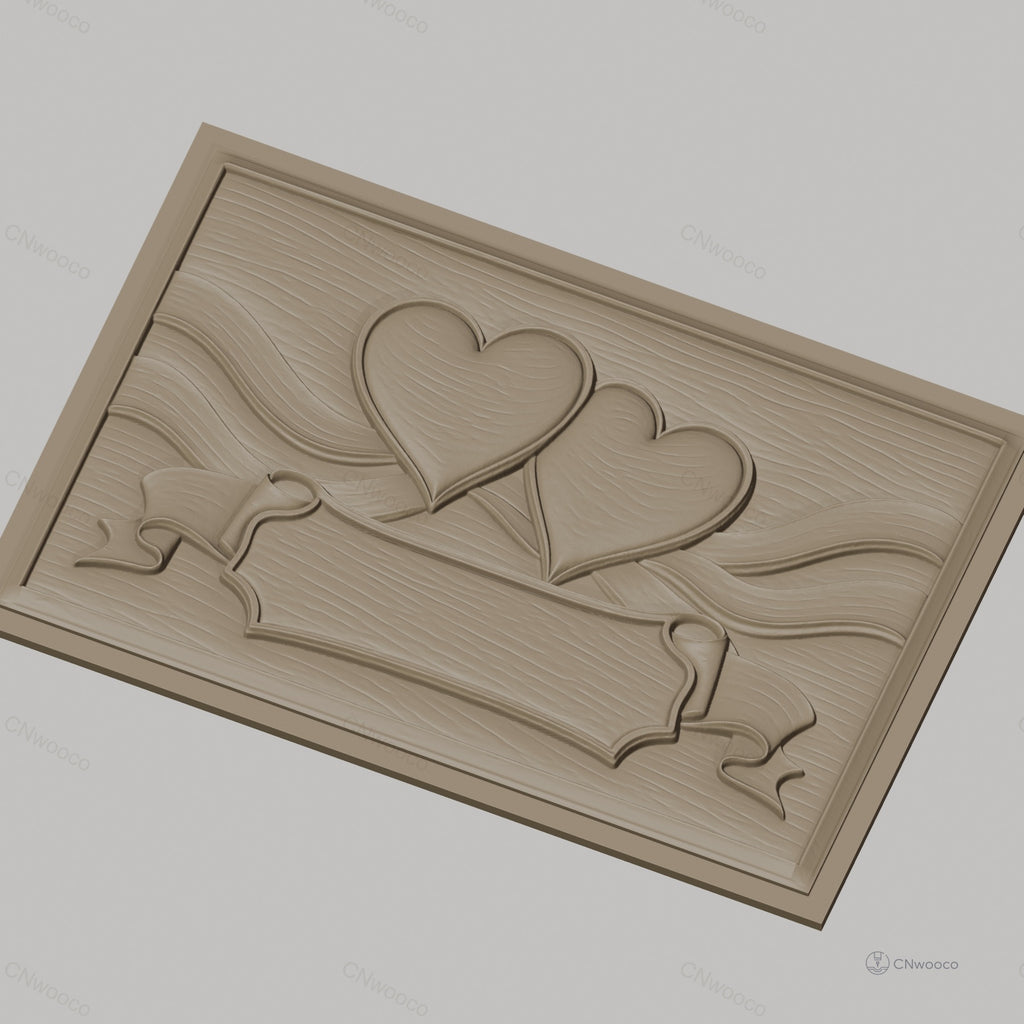 Fichier CNC & impression 3D décor romantique, deux cœurs et bannière, haute qualité relief STL