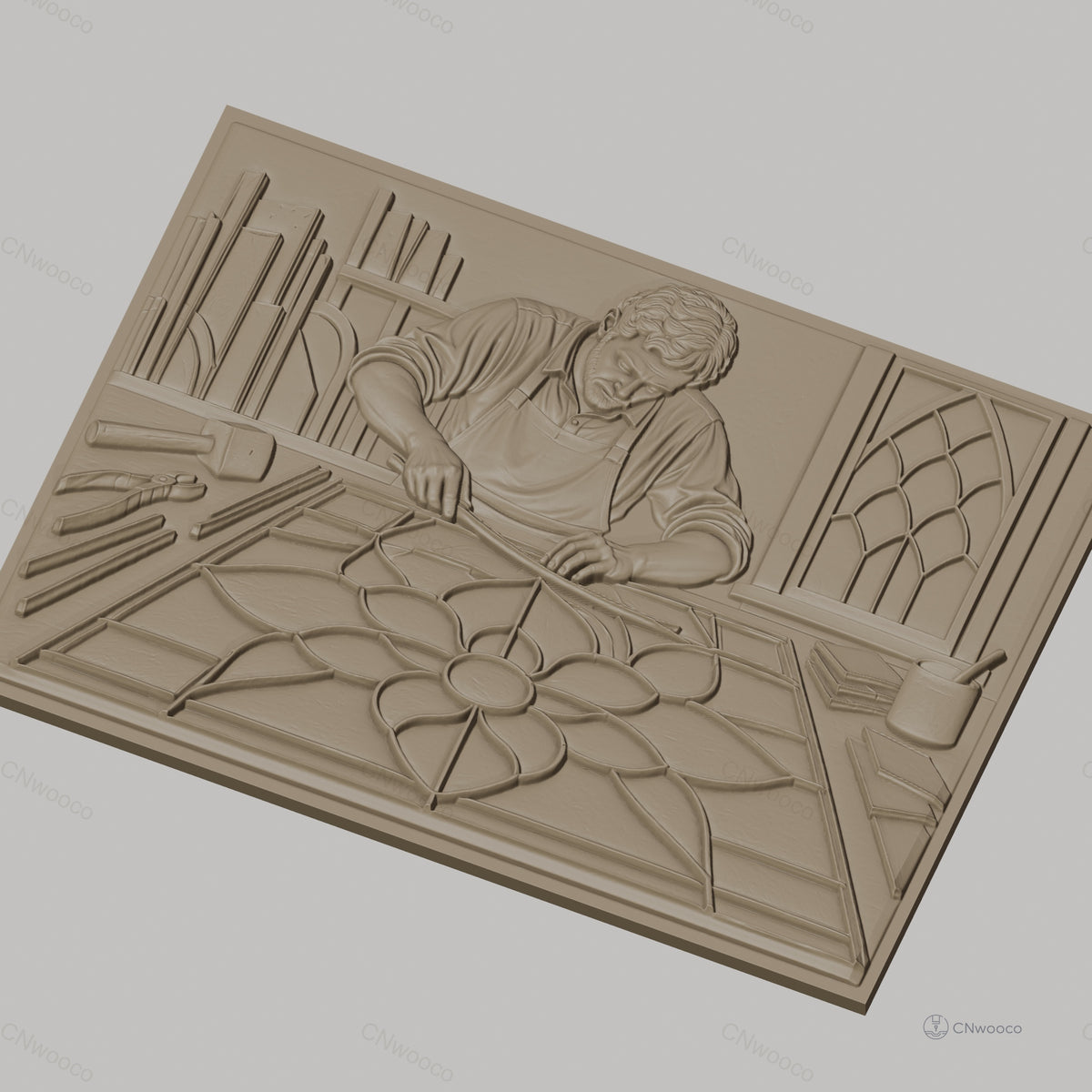 Fichier CNC & impression 3D artisan créant vitrail fleur, atelier et outils, haute qualité relief STL