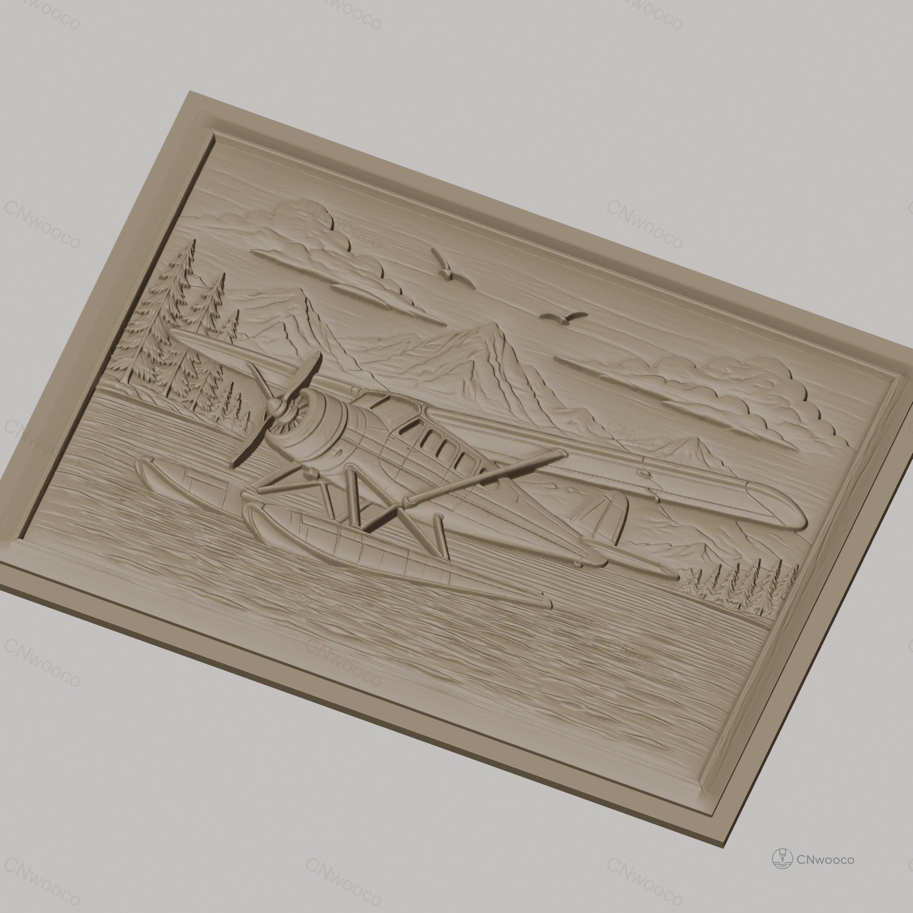 Fichier CNC & impression 3D hydravion sur lac, montagnes et forêts, haute qualité relief STL