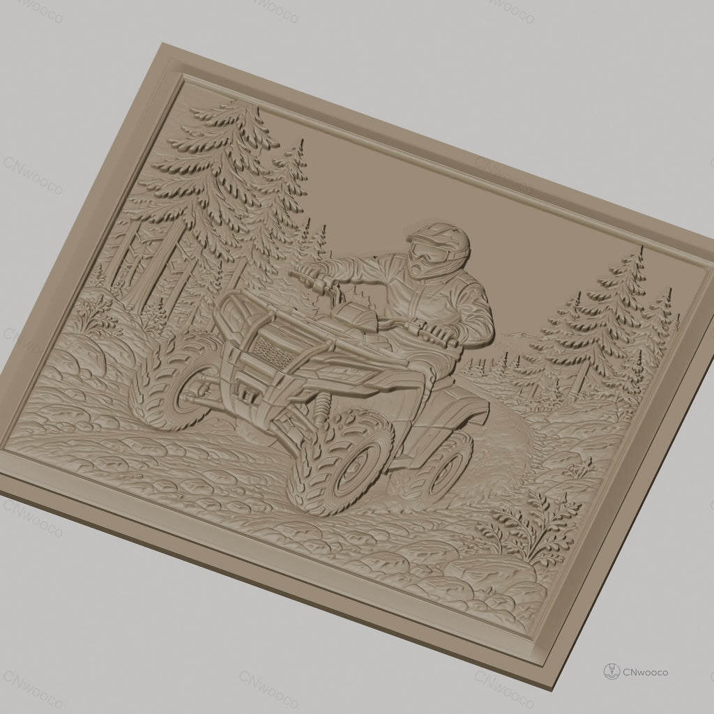 Fichier CNC & impression 3D quad ATV tout-terrain, pilote avec casque dans forêt détaillée, haute qualité relief STL