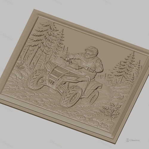 Fichier CNC & impression 3D quad ATV tout-terrain, pilote avec casque dans forêt détaillée, haute qualité relief STL