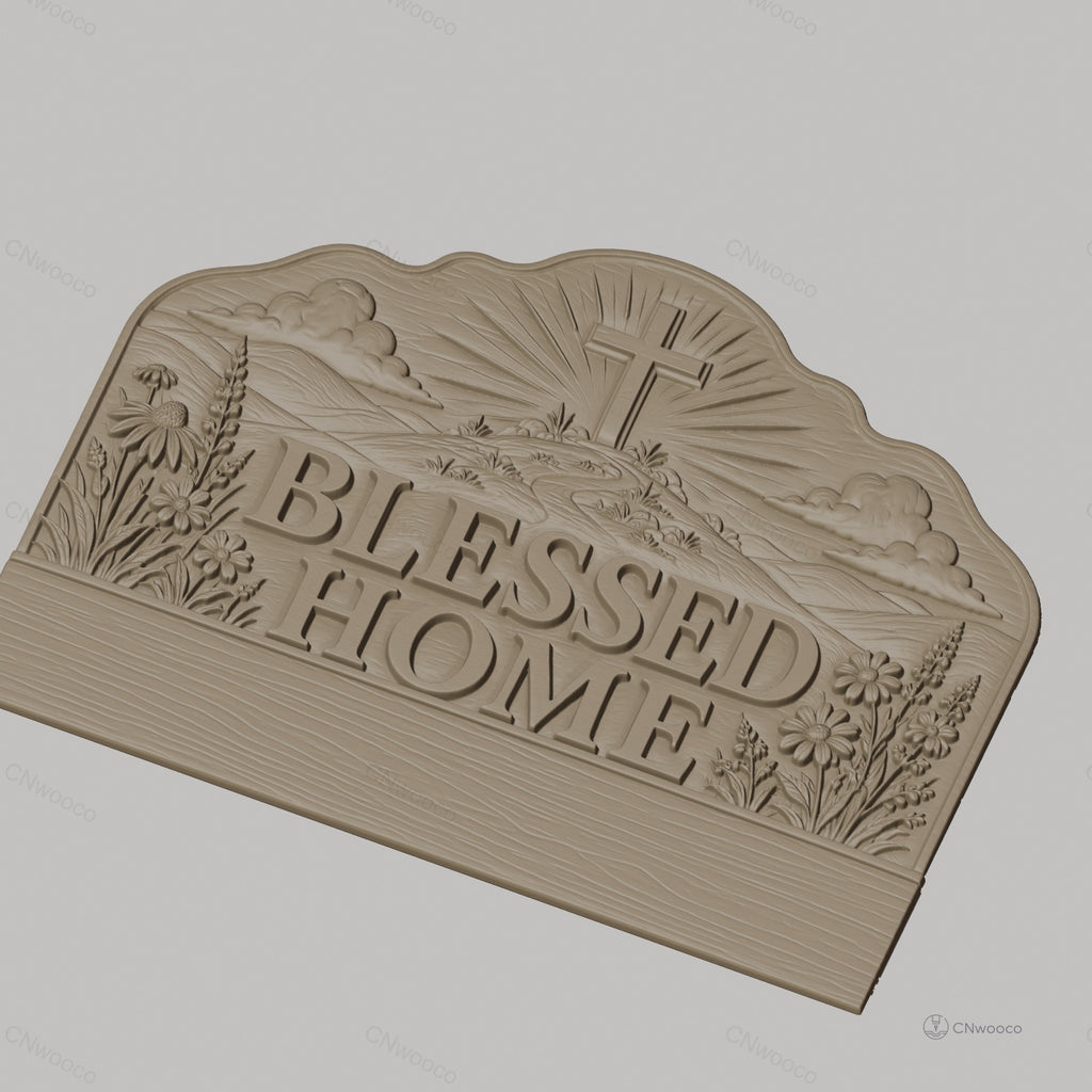 Fichier CNC porte-clés mural plaque murale décorative Blessed Home avec croix et fleurs, STL très haute qualité