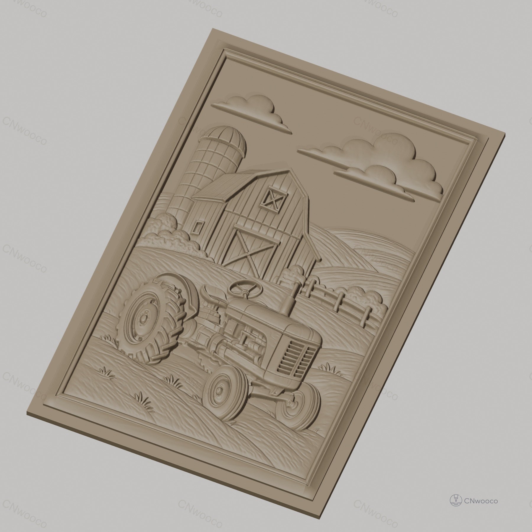 Fichier CNC & impression 3D ferme avec tracteur et grange, paysage champêtre, haute qualité relief STL