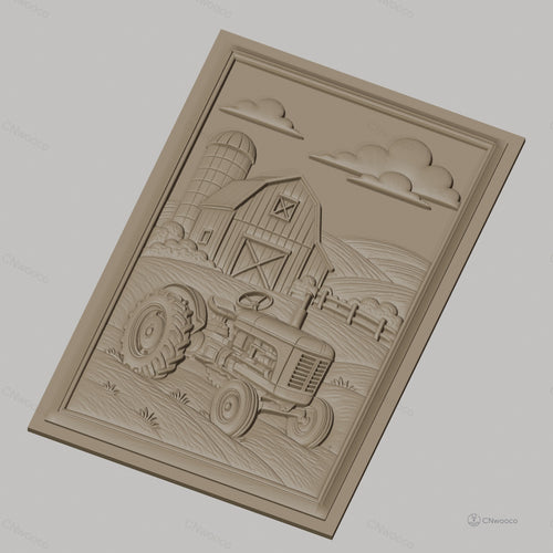 Fichier CNC & impression 3D ferme avec tracteur et grange, paysage champêtre, haute qualité relief STL