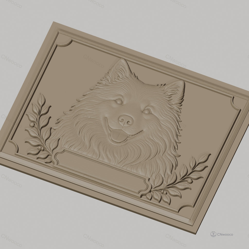 Fichier CNC & impression 3D tête de chien heureux avec feuilles et cadre décoratif, haute qualité relief STL