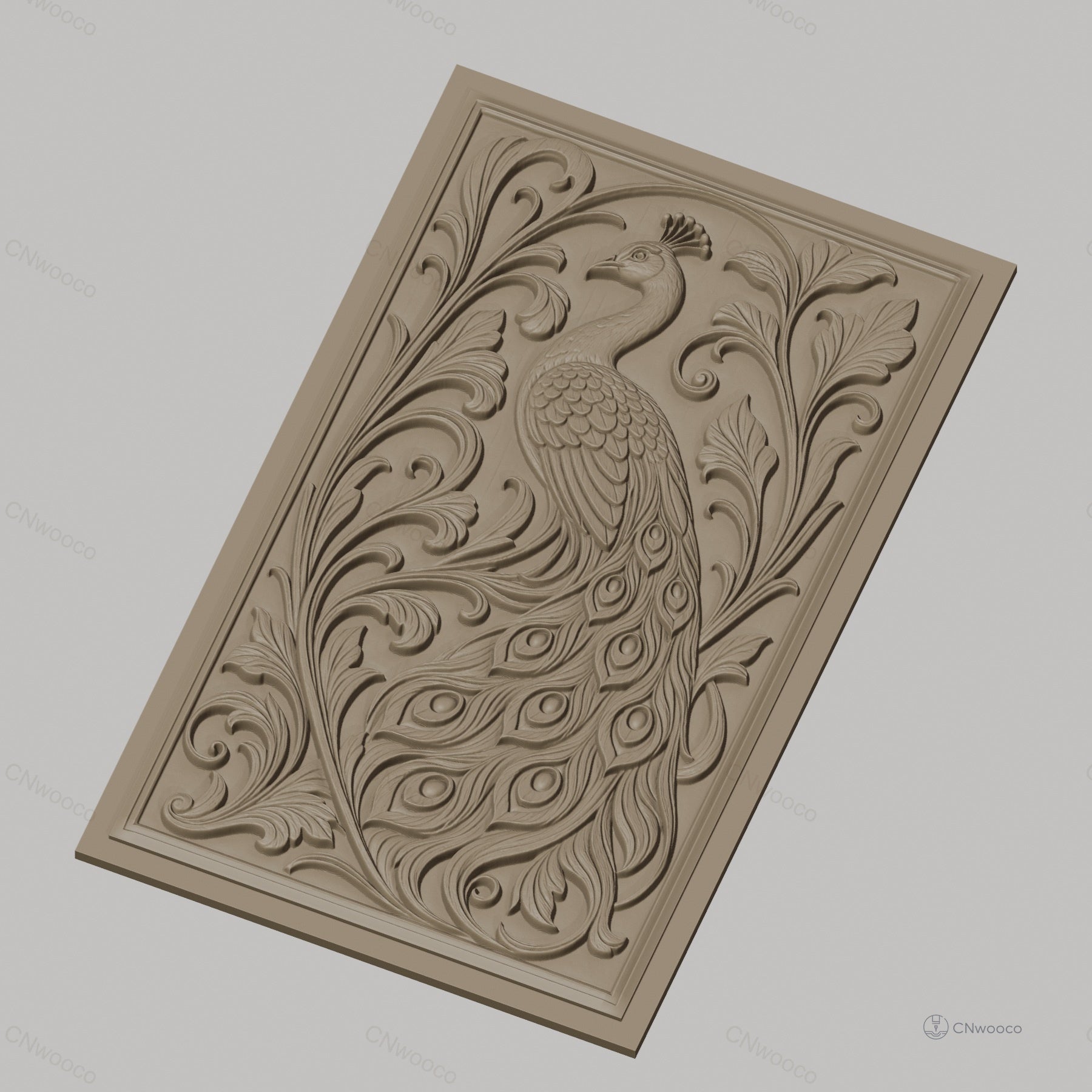 Fichier CNC & impression 3D Paon, relief ornemental avec plumes détaillées et feuillages, haute qualité relief STL