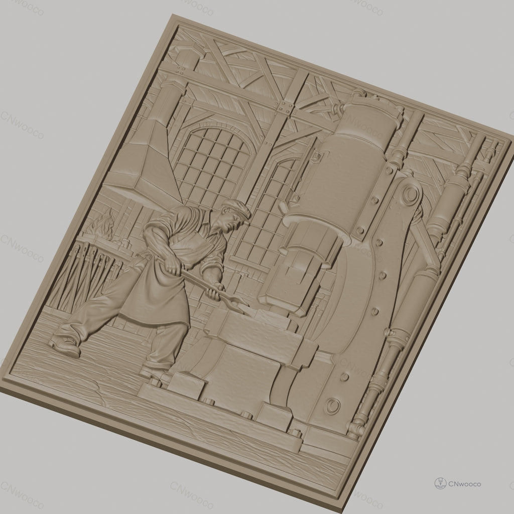 Fichier CNC & impression 3D scène forgeron industriel, atelier ancien avec machine et forgeron, haute qualité relief STL