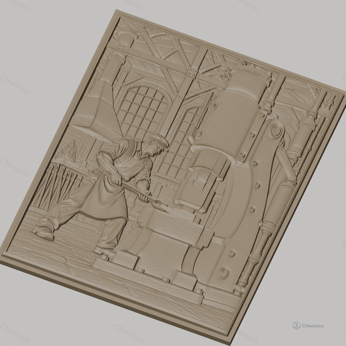 Fichier CNC & impression 3D scène forgeron industriel, atelier ancien avec machine et forgeron, haute qualité relief STL