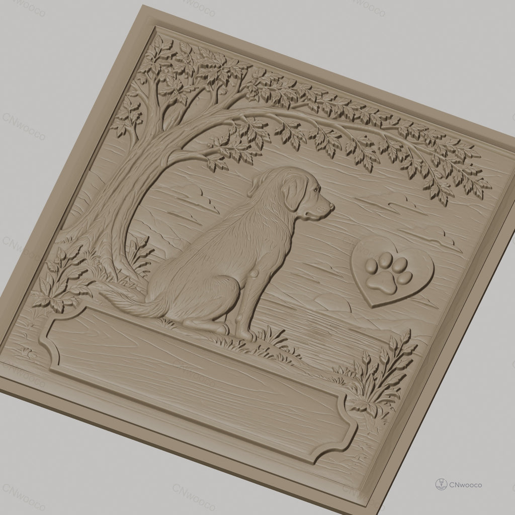 Fichier CNC & impression 3D chien assis, arbre, paysage et patte en cœur, haute qualité relief STL