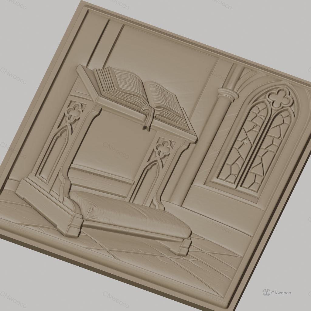 Fichier CNC & impression 3D pupitre de prière, livre ouvert et fenêtre gothique, haute qualité relief STL