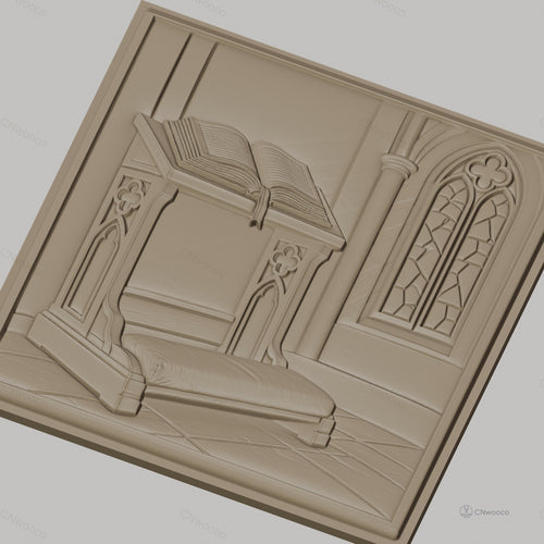 Fichier CNC & impression 3D pupitre de prière, livre ouvert et fenêtre gothique, haute qualité relief STL