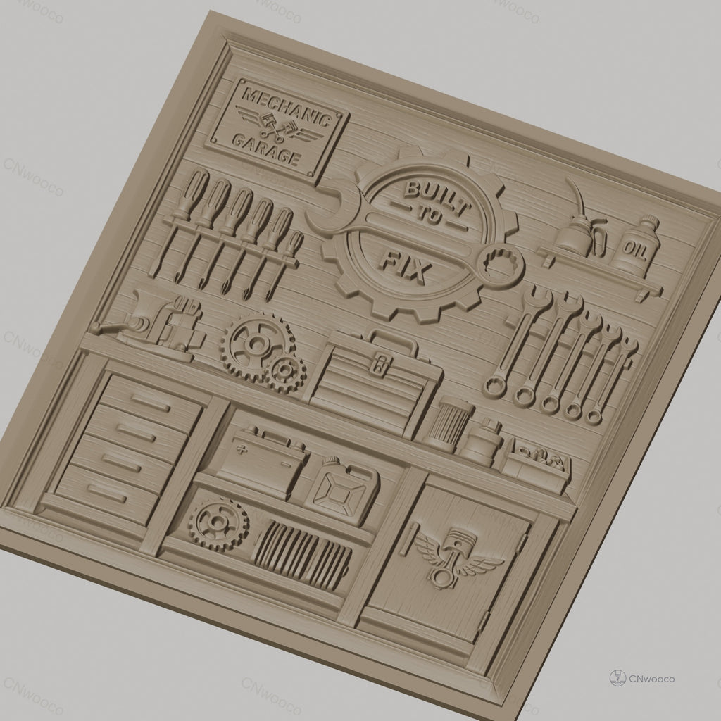 Fichier CNC & impression 3D garage de mécanicien, outils mécaniques, boîte à outils, clés, haute qualité relief STL