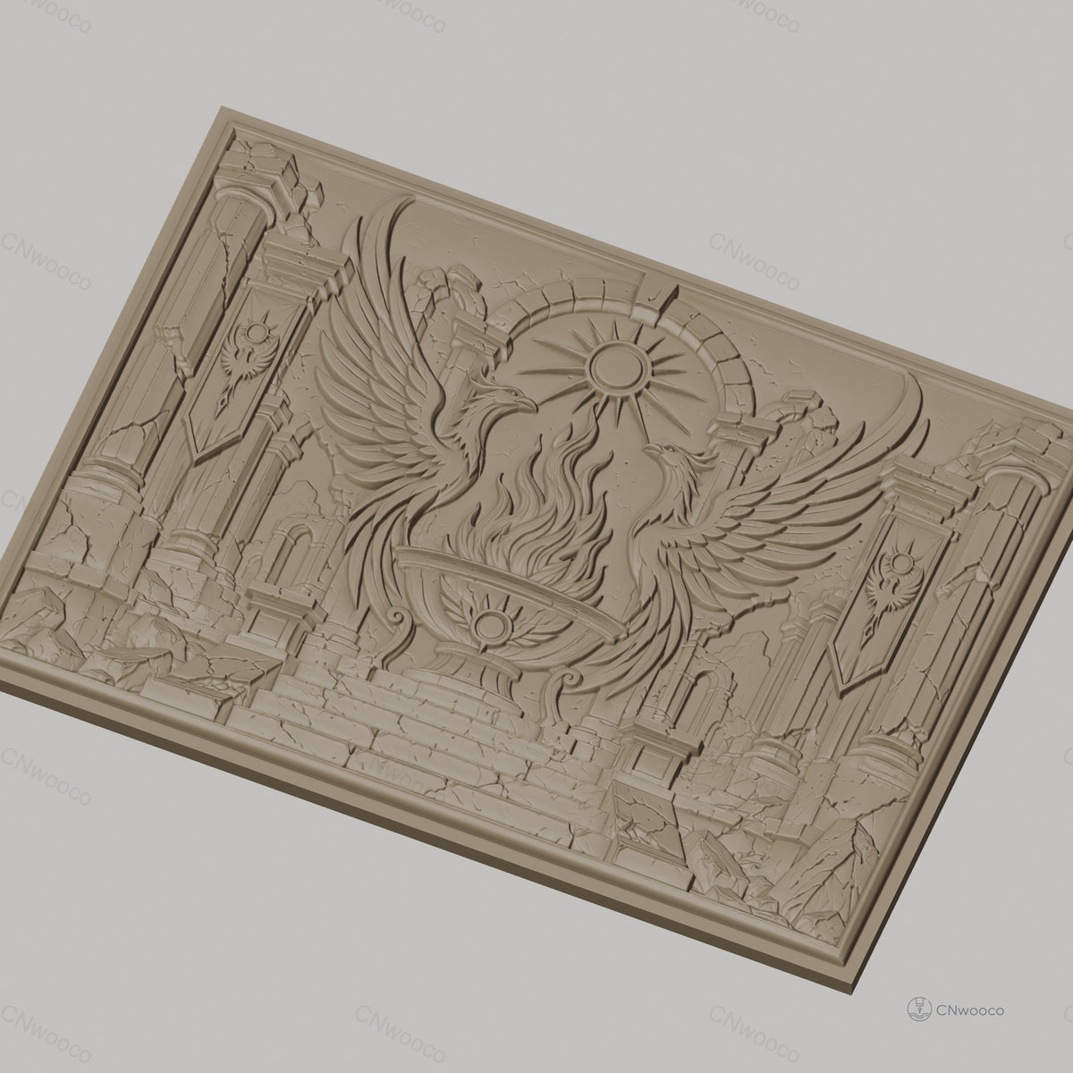 Fichier CNC & impression 3D phénix, flamme sacrée et ruines antiques haute qualité relief STL