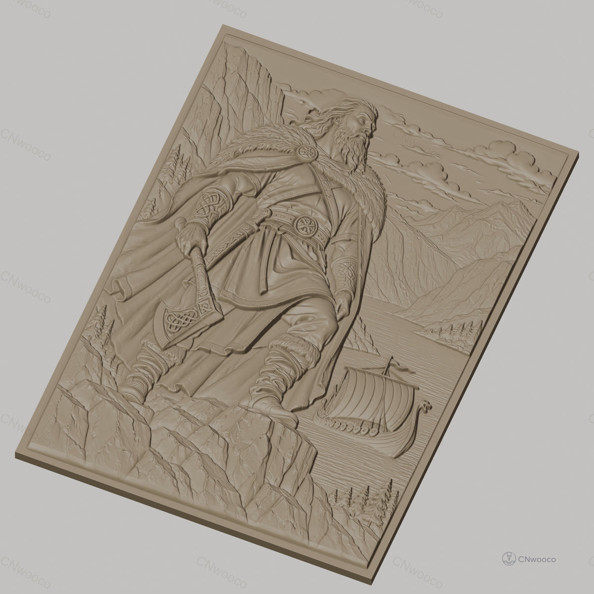 Fichier CNC & impression 3D Viking guerrier avec hache, drakkar et paysage montagneux, haute qualité relief STL