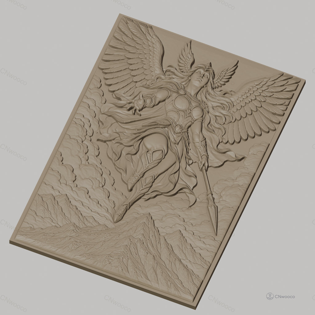 Fichier CNC & impression 3D Valkyrie guerrière ailée, montagnes et nuages, haute qualité relief STL