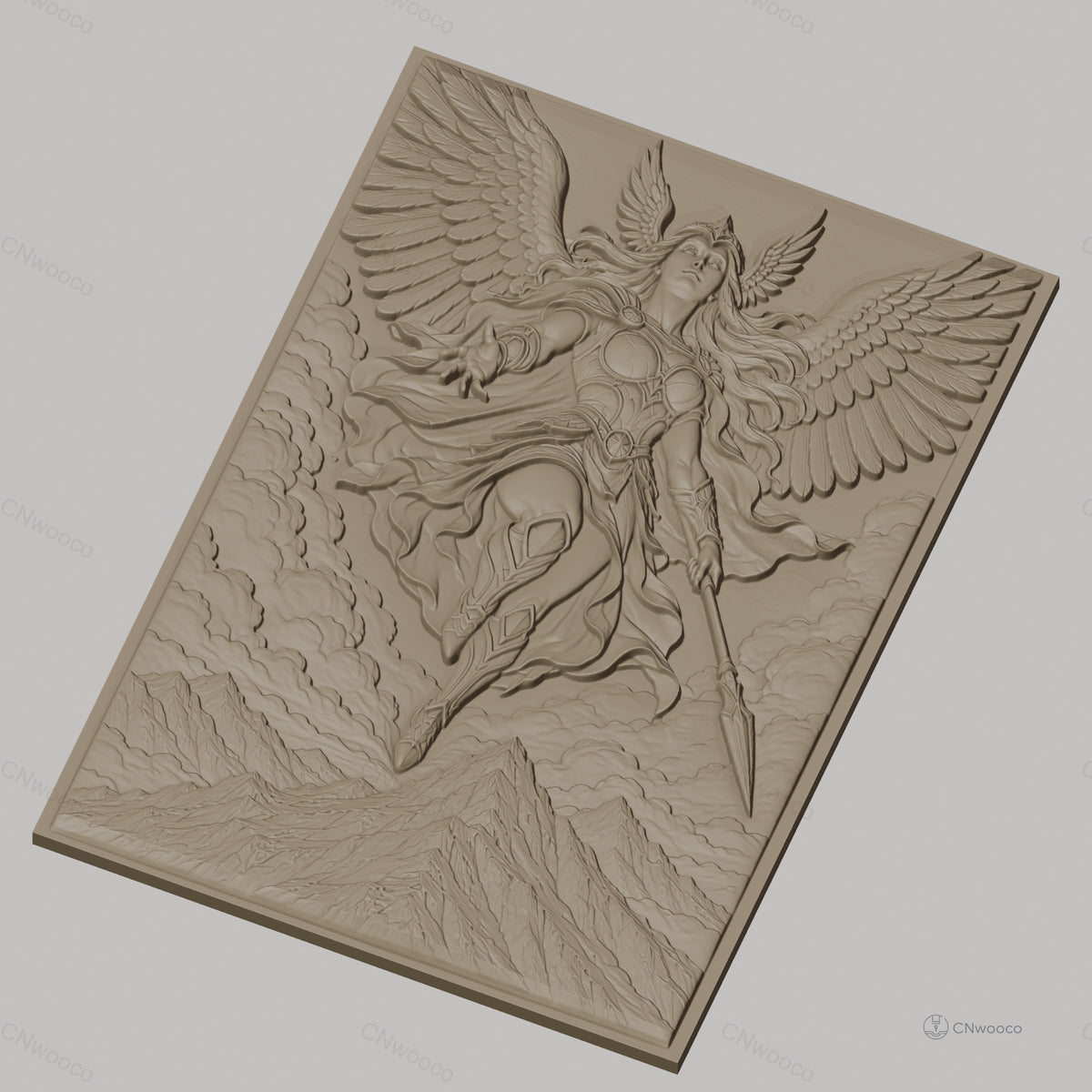 Fichier CNC & impression 3D Valkyrie guerrière ailée, montagnes et nuages, haute qualité relief STL