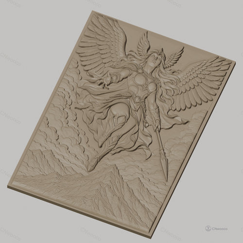 Fichier CNC & impression 3D Valkyrie guerrière ailée, montagnes et nuages, haute qualité relief STL