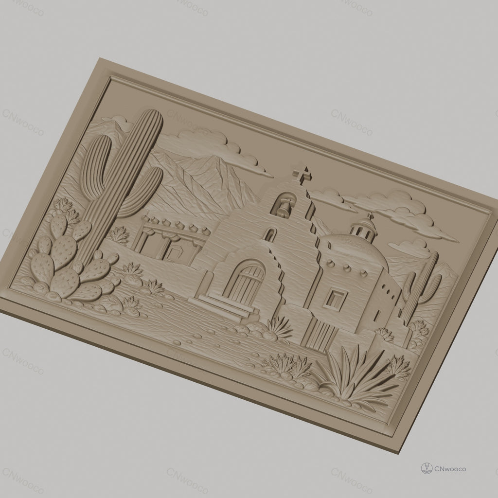 Fichier CNC & impression 3D relief de mission espagnole, cactus et montagne, haute qualité relief STL