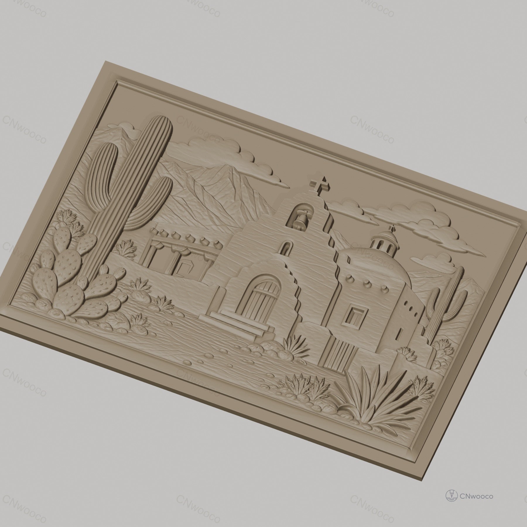Fichier CNC & impression 3D relief de mission espagnole, cactus et montagne, haute qualité relief STL
