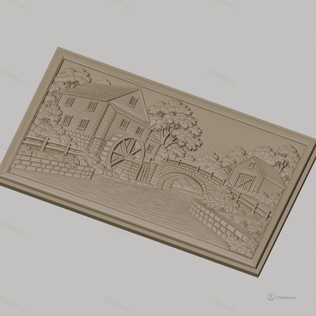Fichier CNC & impression 3D moulin à eau, pont en pierre et rivière, haute qualité relief STL