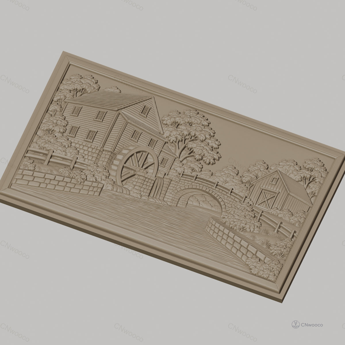 Fichier CNC & impression 3D moulin à eau, pont en pierre et rivière, haute qualité relief STL
