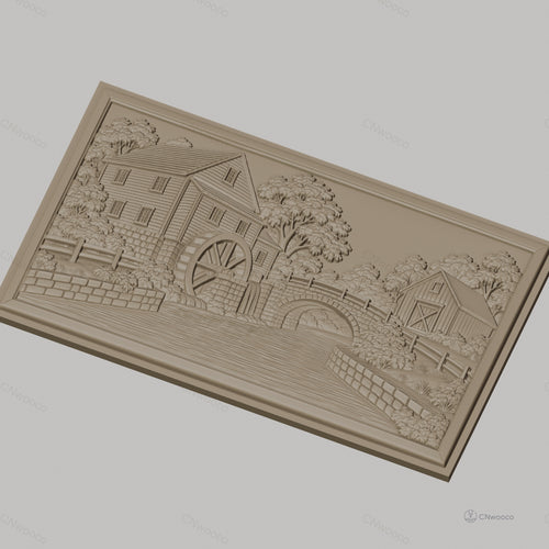 Fichier CNC & impression 3D moulin à eau, pont en pierre et rivière, haute qualité relief STL
