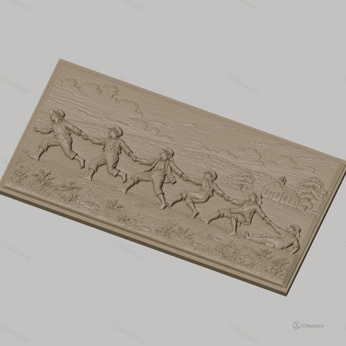 Fichier CNC & impression 3D enfants jouant à la corde, paysage rural avec maison, haute qualité relief STL