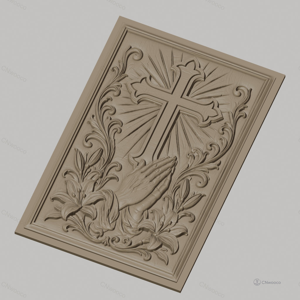 Fichier CNC & impression 3D religieuse, croix, mains en prière, lys, haute qualité relief STL