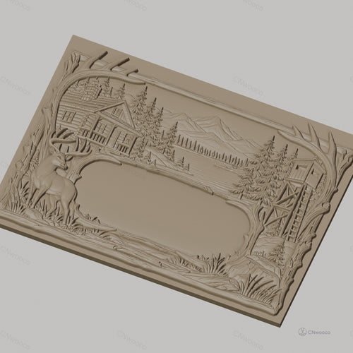 Fichier CNC & impression 3D paysage de nature avec cerf, cabine en bois et tour de guet, haute qualité relief STL