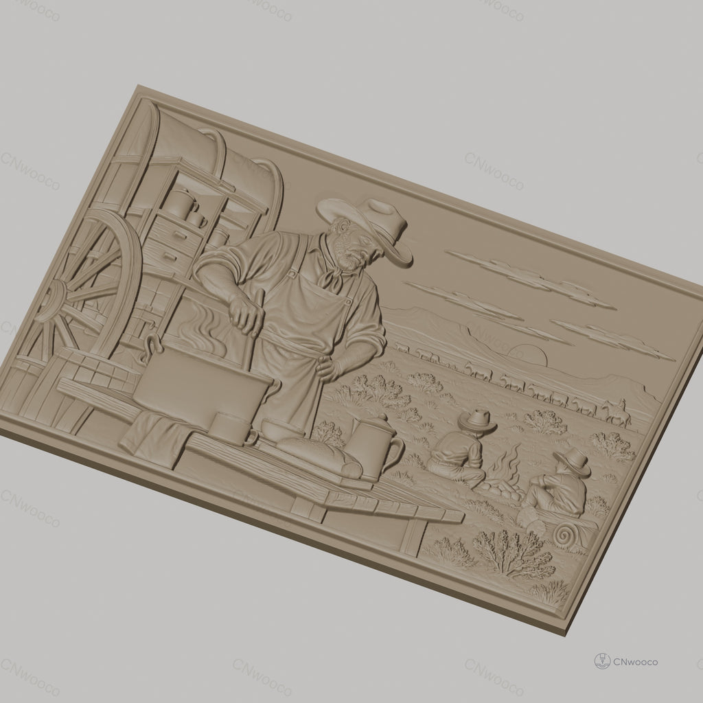 Fichier CNC & impression 3D scène cowboy western, chef cuisinier, feu de camp, charrette couverte, haute qualité relief STL