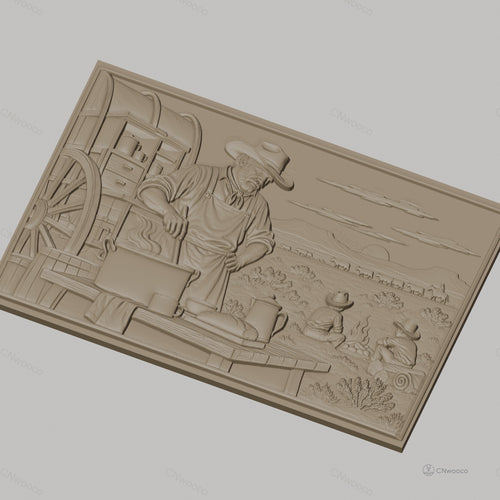 Fichier CNC & impression 3D scène cowboy western, chef cuisinier, feu de camp, charrette couverte, haute qualité relief STL