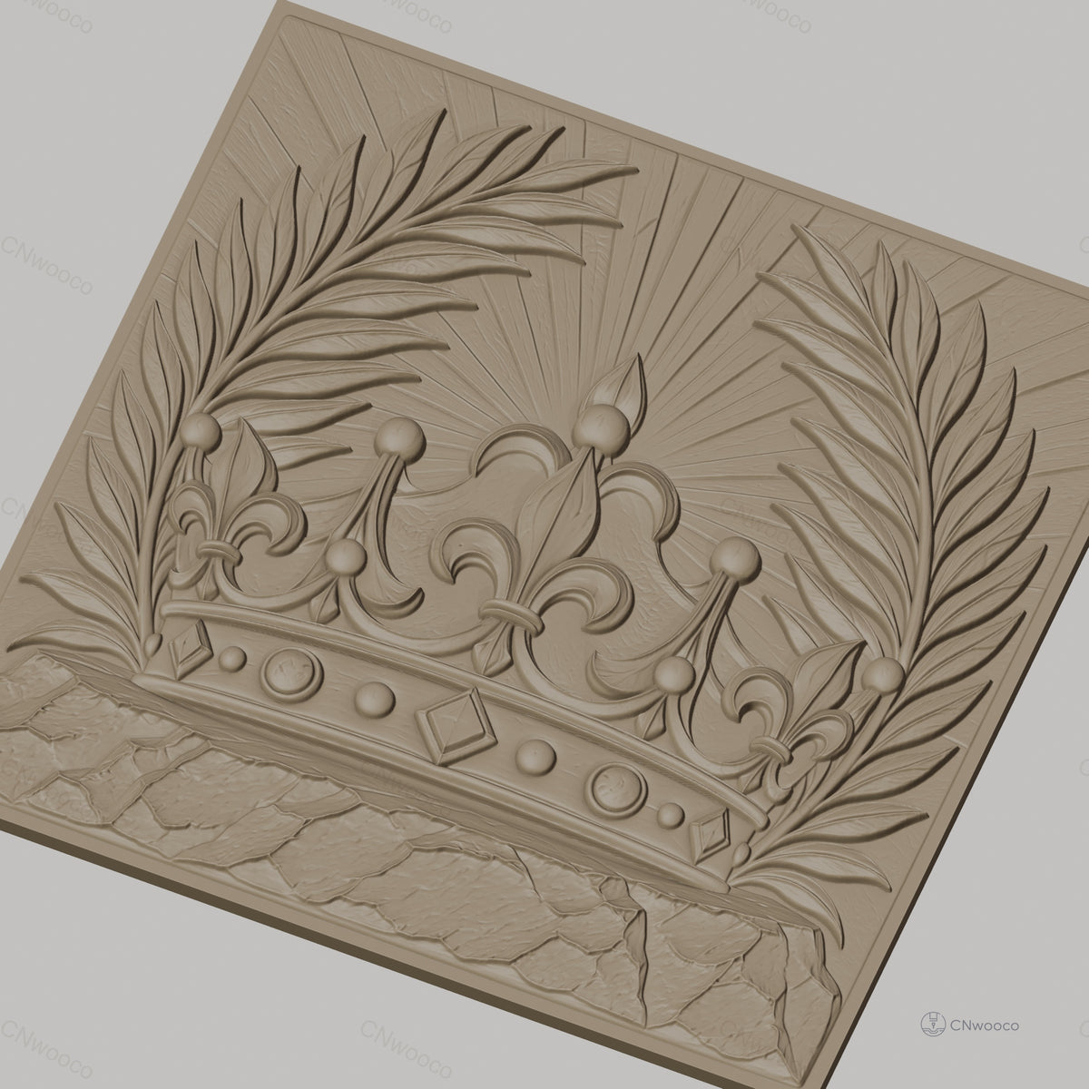 Fichier CNC & impression 3D couronne royale, feuilles de palmier, pierre texturée, haute qualité relief STL