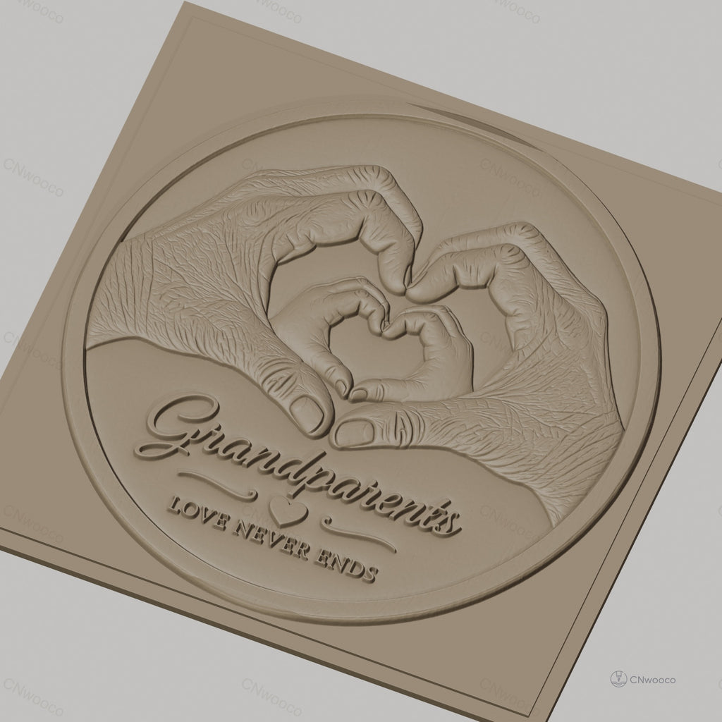 Fichier CNC & impression 3D Grandparents, mains formant coeur, texte love never ends, haute qualité relief STL