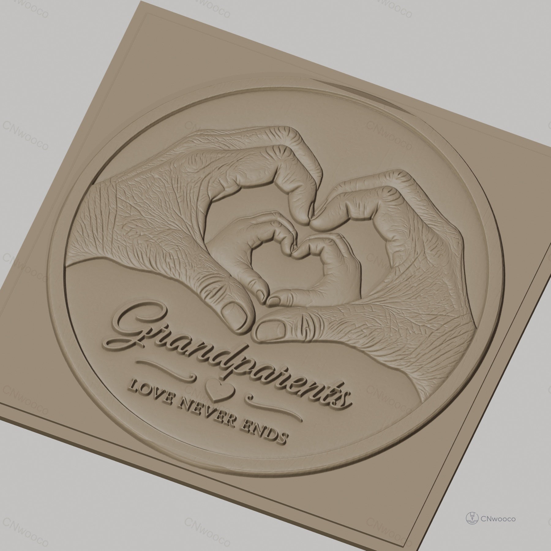Fichier CNC & impression 3D Grandparents, mains formant coeur, texte love never ends, haute qualité relief STL