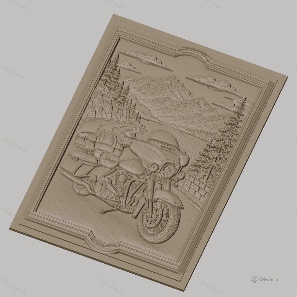 Fichier CNC & impression 3D moto routière, paysage montagne route lac cadre décoratif, haute qualité relief STL