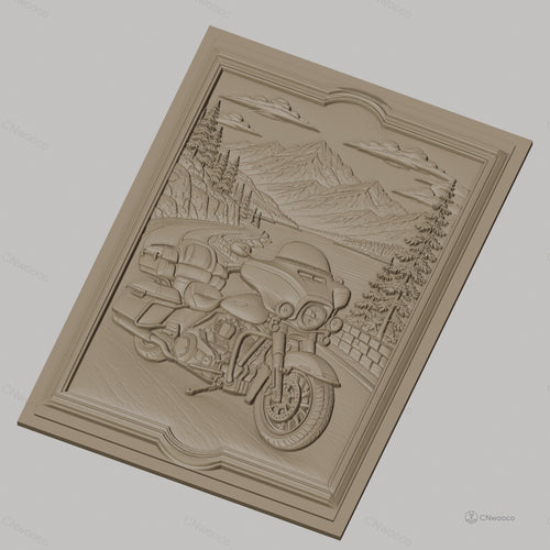 Fichier CNC & impression 3D moto routière, paysage montagne route lac cadre décoratif, haute qualité relief STL