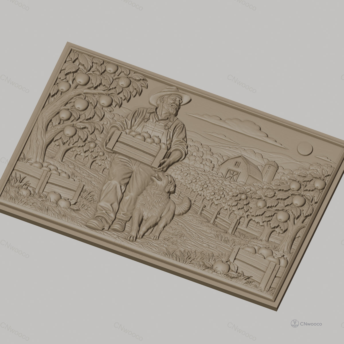 Fichier CNC & impression 3D fermier avec caisse de pommes et chien, paysage rural, haute qualité relief STL