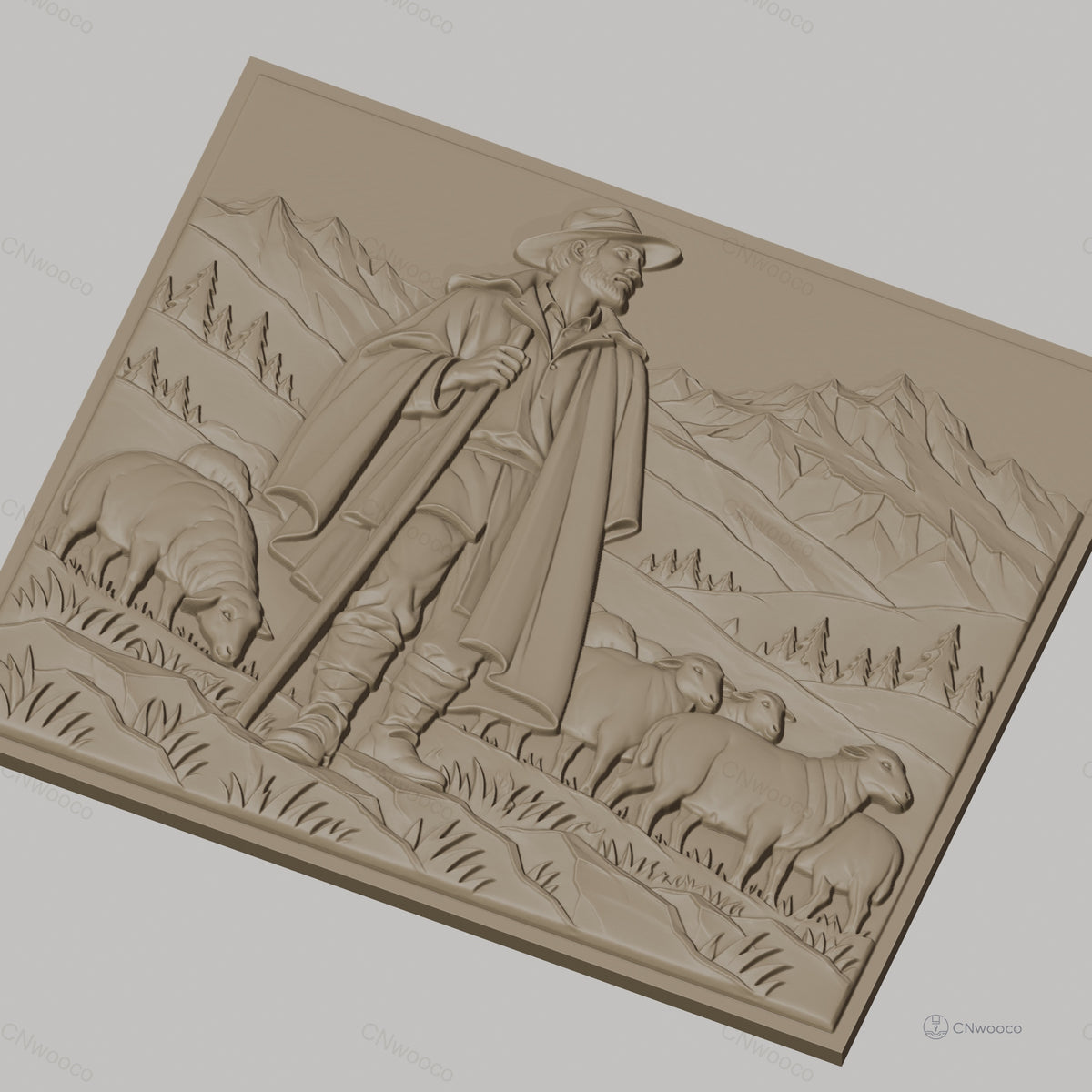 Fichier CNC & impression 3D berger avec troupeau de moutons en montagne, haute qualité relief STL