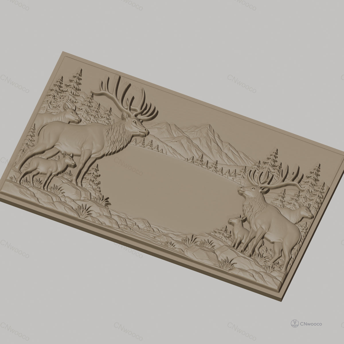 Fichier CNC & impression 3D cerfs et faons en forêt avec montagne en arrière-plan, haute qualité relief STL