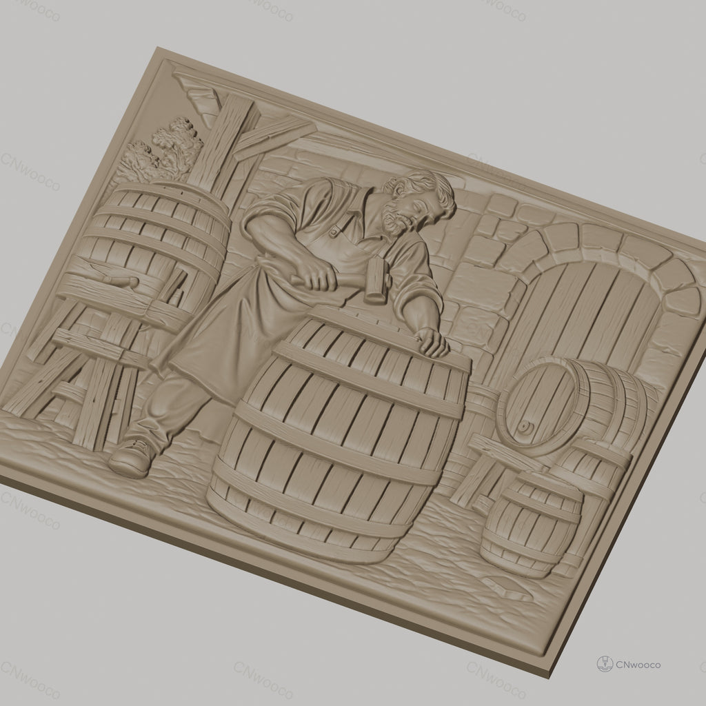 Fichier CNC & impression 3D tonnelier en action, barils en bois et atelier de fabrication, haute qualité relief STL