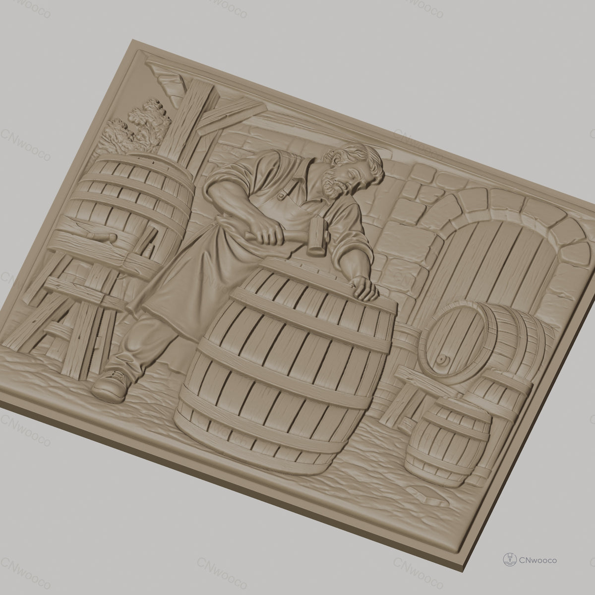 Fichier CNC & impression 3D tonnelier en action, barils en bois et atelier de fabrication, haute qualité relief STL