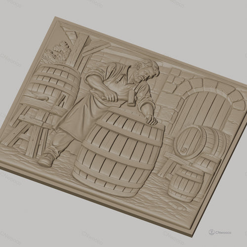 Fichier CNC & impression 3D tonnelier en action, barils en bois et atelier de fabrication, haute qualité relief STL
