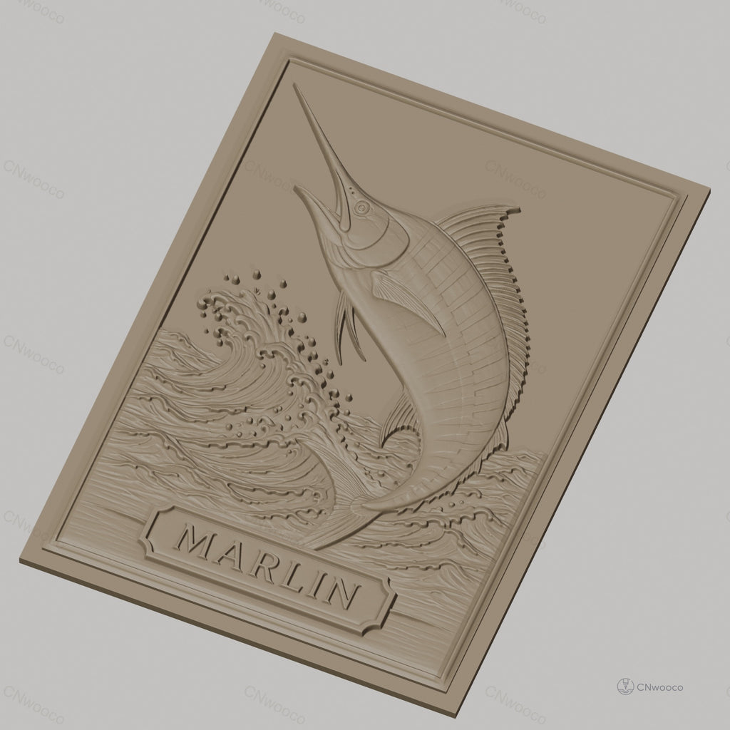 Fichier CNC & impression 3D Marlin, poisson avec vagues, haute qualité relief STL