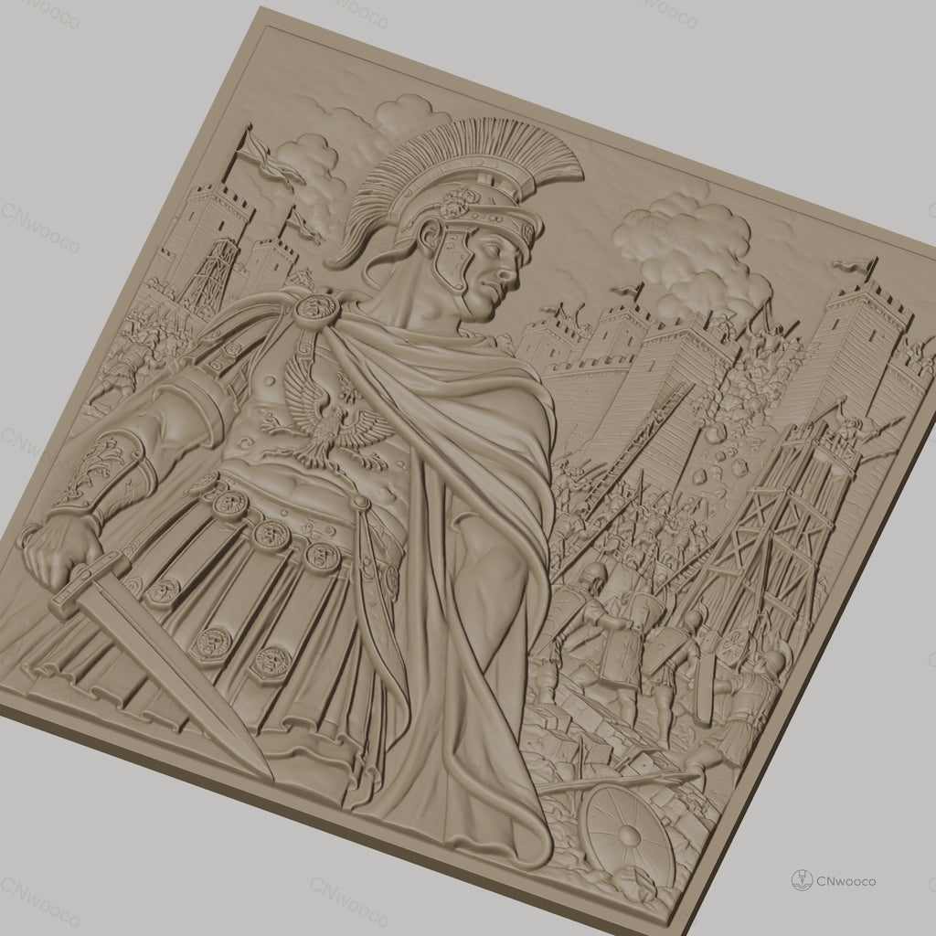 Fichier CNC & impression 3D empereur romain, bataille de siège avec soldats et catapultes, haute qualité relief STL