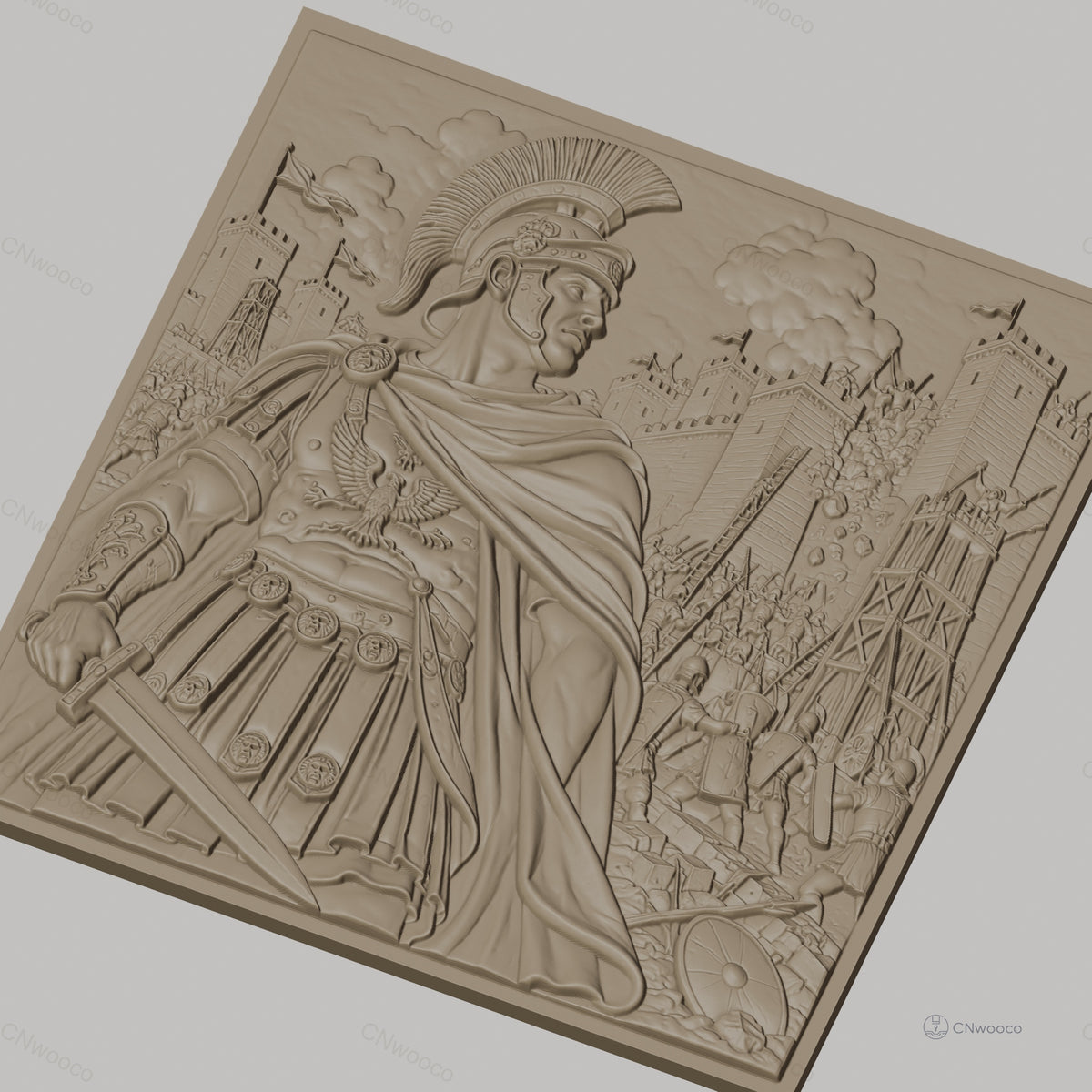 Fichier CNC & impression 3D empereur romain, bataille de siège avec soldats et catapultes, haute qualité relief STL