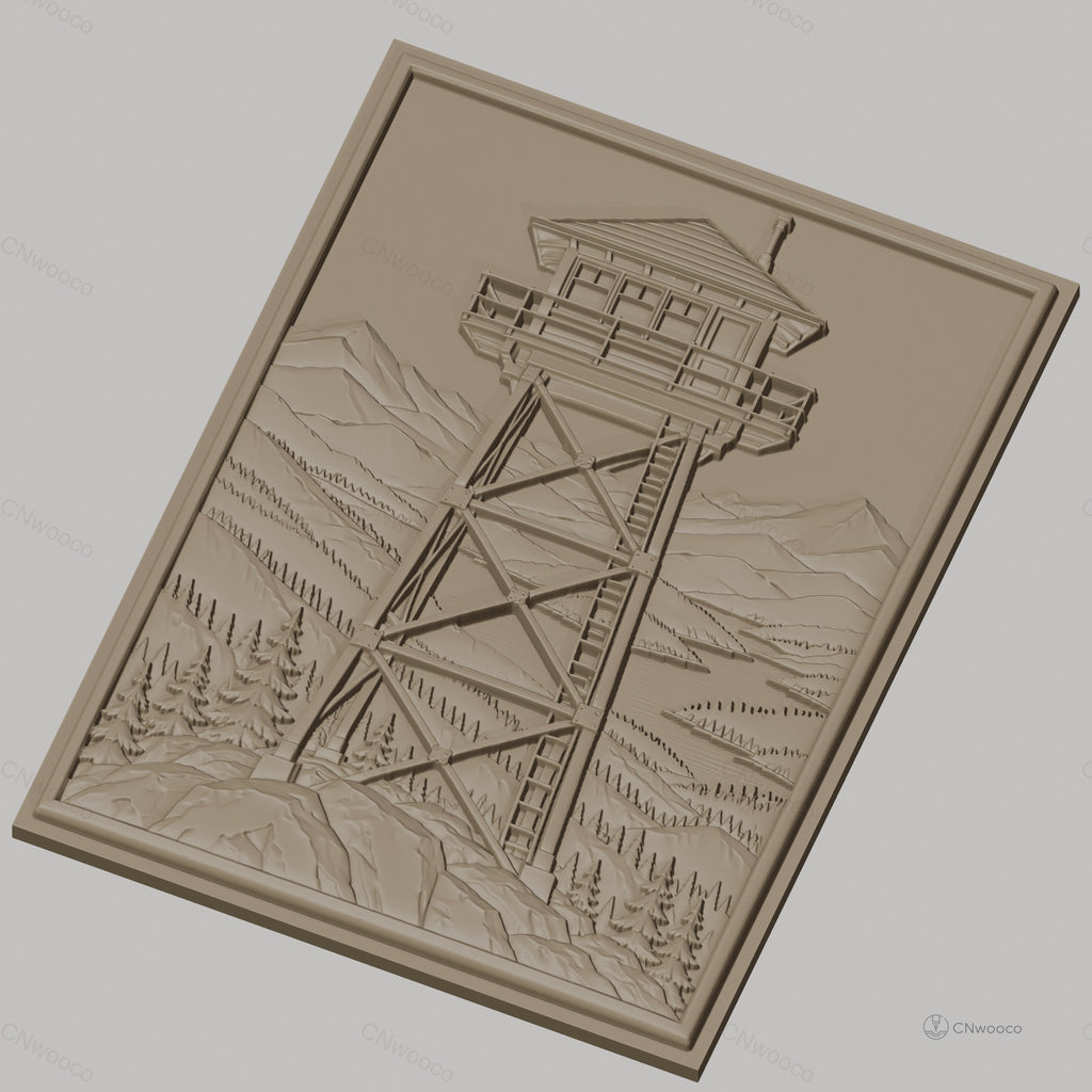 Fichier CNC & impression 3D tour de guet en bois, paysage montagne forêt arbre, haute qualité relief STL