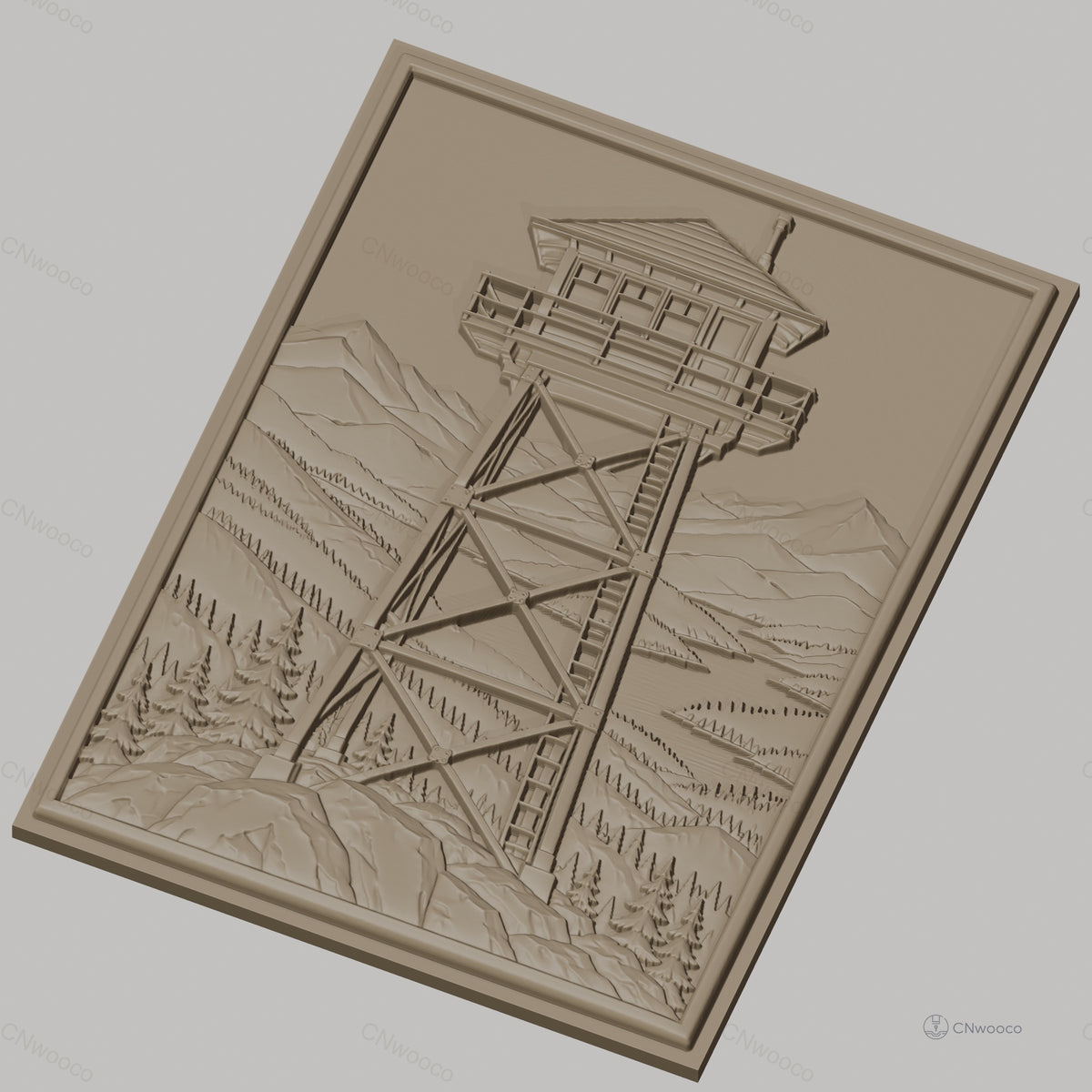 Fichier CNC & impression 3D tour de guet en bois, paysage montagne forêt arbre, haute qualité relief STL