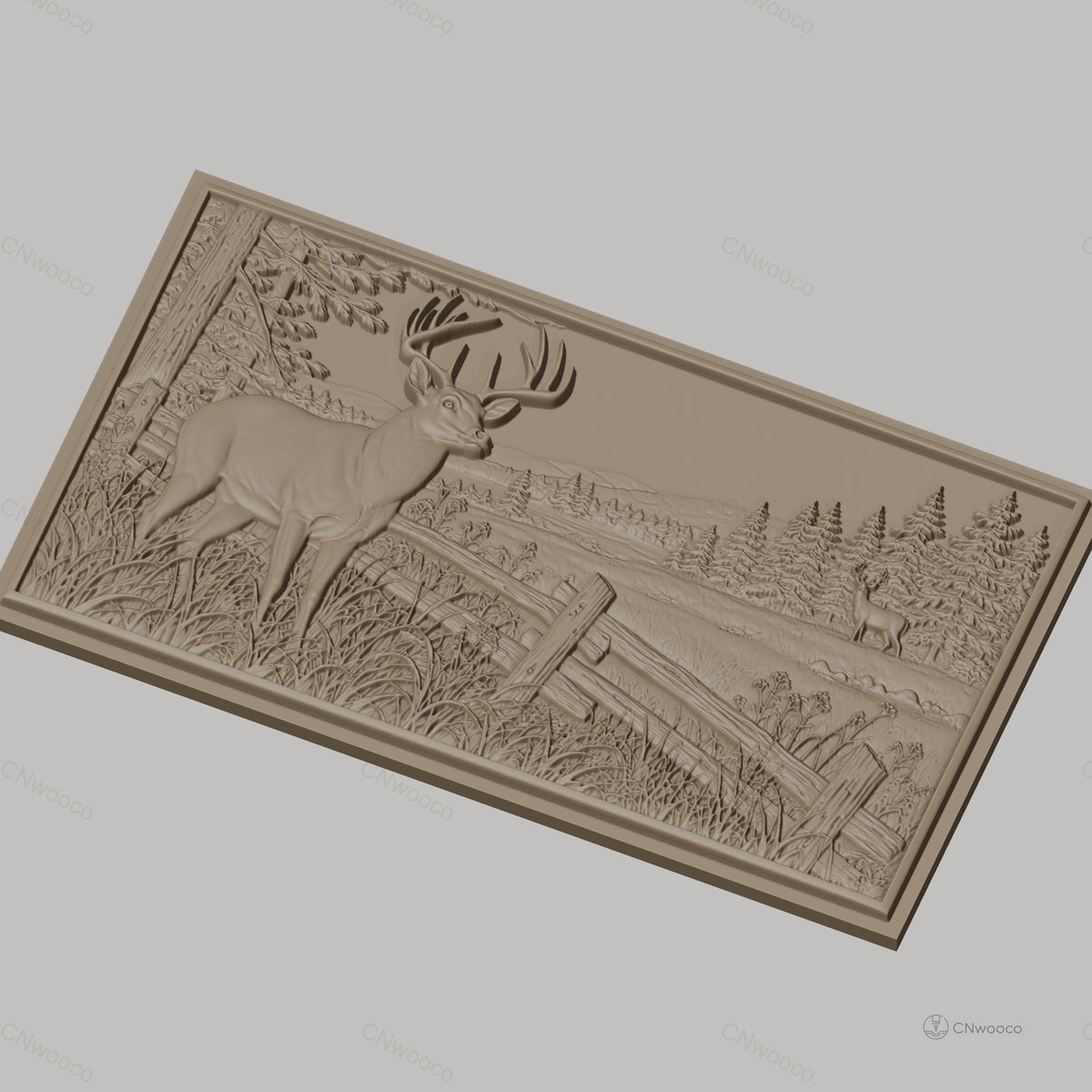 Fichier CNC & impression 3D cerf et paysage forestier, clôture en bois, haute qualité relief STL
